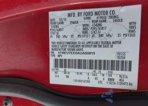 2010 Ford Explorer Eddie Bauer from USA, damaged, VIN 1FMEU7EE0AUA50815